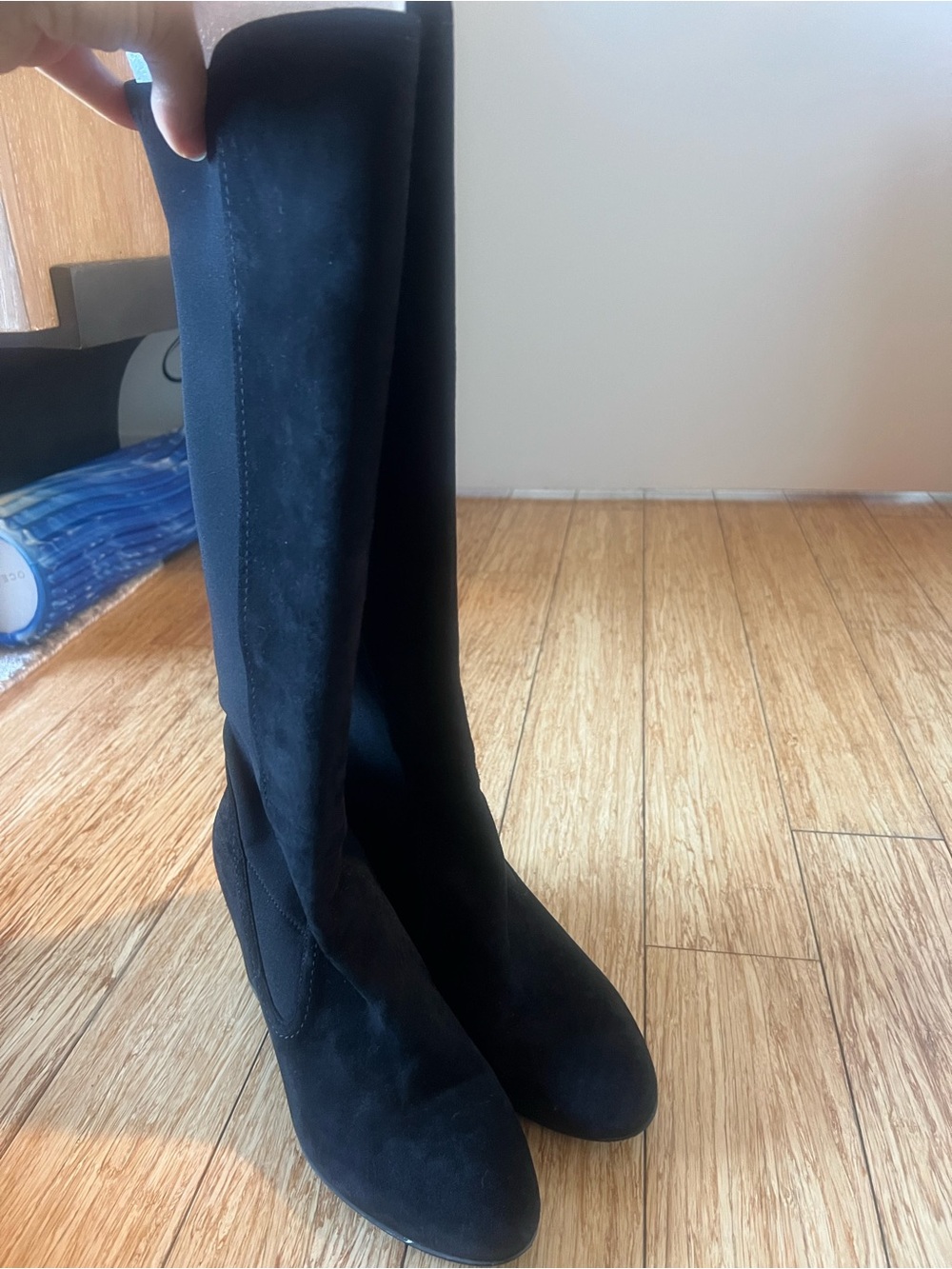 Stuart Weitzman Black Suede & Stretch Back Knee-High Block Heel Boots Size 7.5